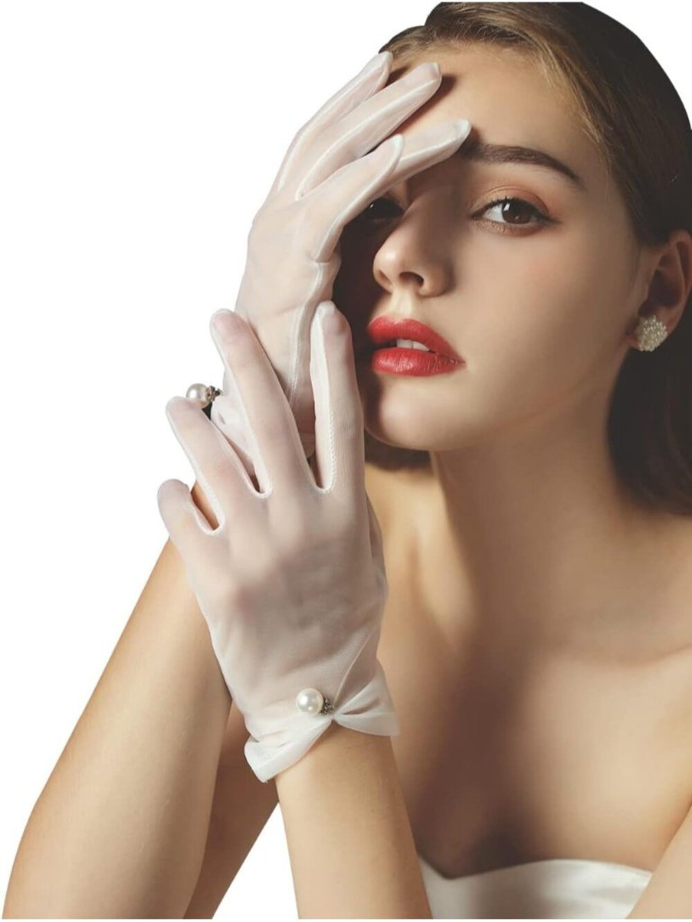 Women's White Short Pearl 1920s Formal Bridal Wedding Wrist Tulle Gloves